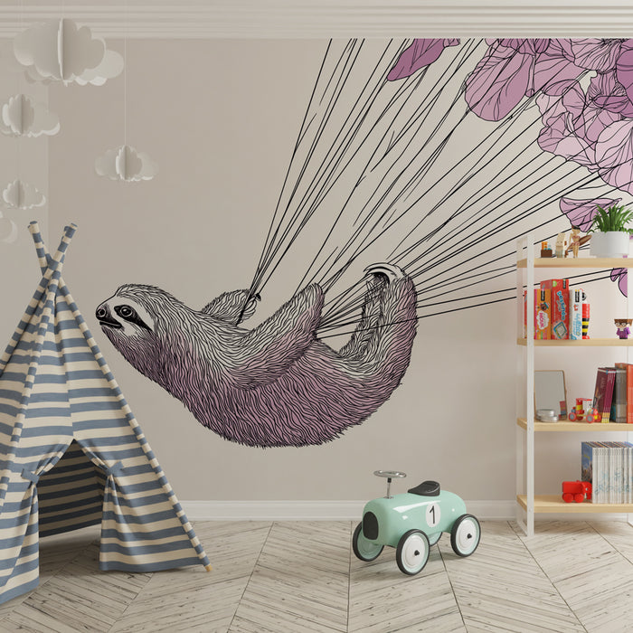 Papier peint chambre bébé | Paresseux volant avec des fleurs délicates