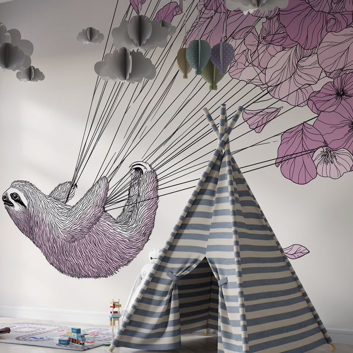 Papier peint chambre bébé | Paresseux volant avec des fleurs délicates