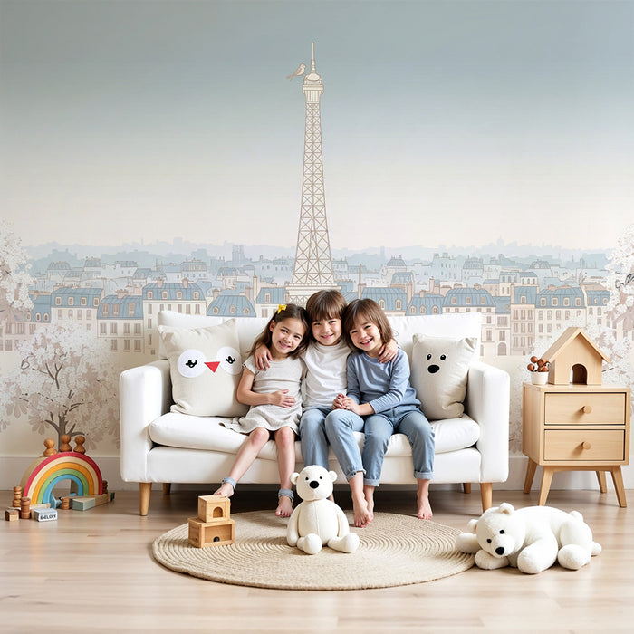 Papel de parede para quarto de bebé | Paris romântico com a Torre Eiffel e cerejeiras em flor