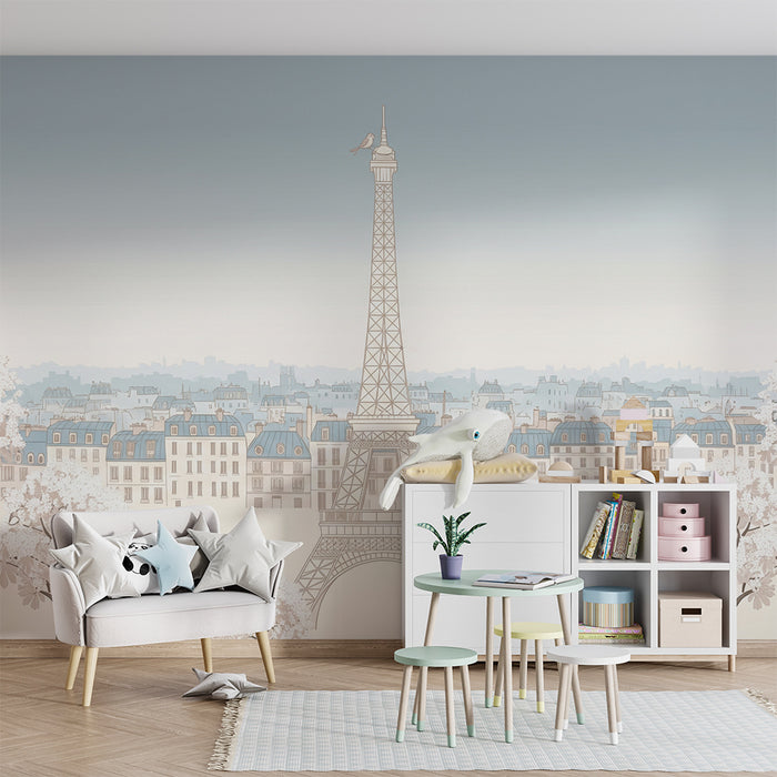 Papel de parede para quarto de bebé | Paris romântico com a Torre Eiffel e cerejeiras em flor