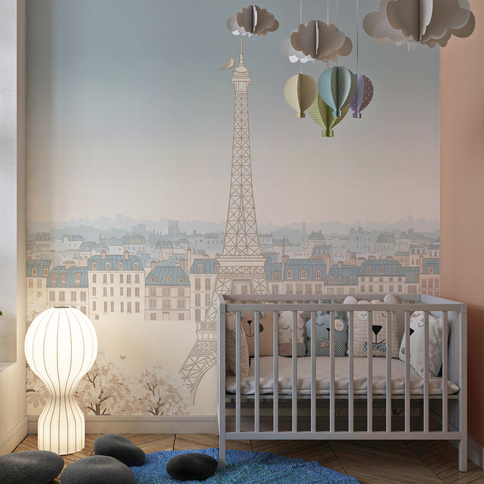 Papel de parede para quarto de bebé | Paris romântico com a Torre Eiffel e cerejeiras em flor