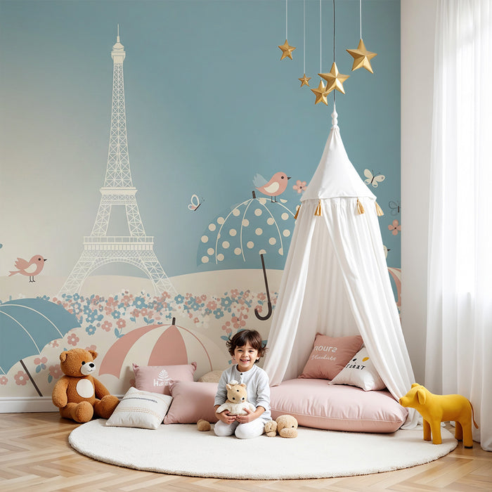 **Text tradus:**

Tapet pentru camera bebelușului | Paris sub ploaie, cu păsări și umbrele colorate