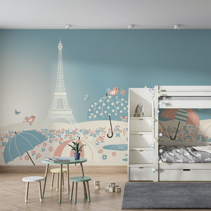 **Text tradus:**

Tapet pentru camera bebelușului | Paris sub ploaie, cu păsări și umbrele colorate