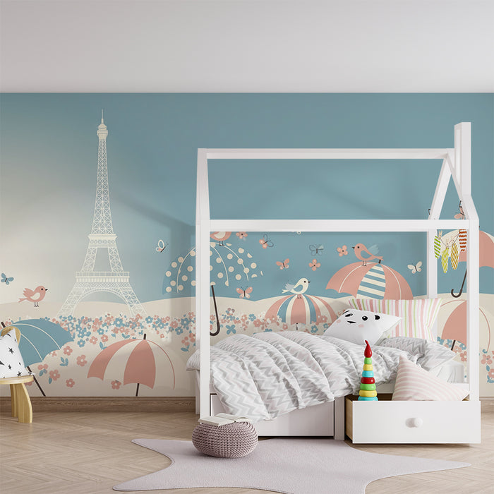 **Text tradus:**

Tapet pentru camera bebelușului | Paris sub ploaie, cu păsări și umbrele colorate