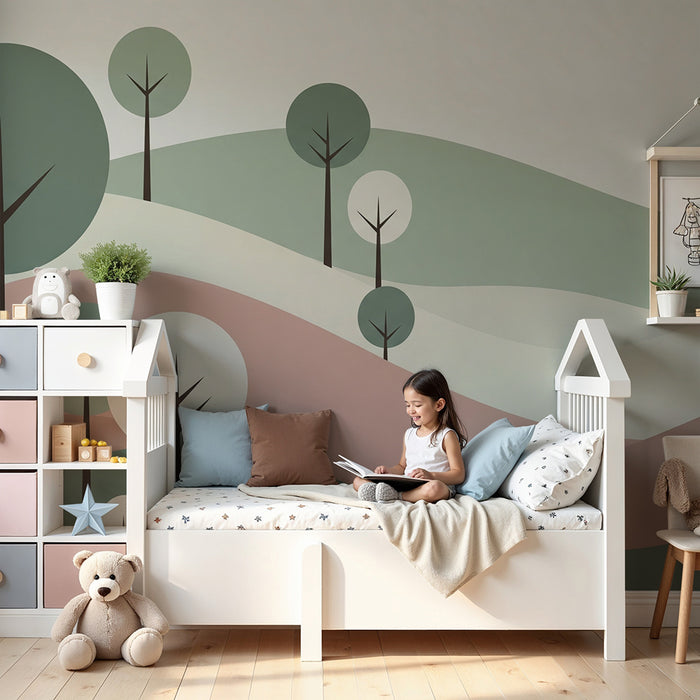 Papier peint chambre bébé | Paysage abstrait avec arbres et collines douces