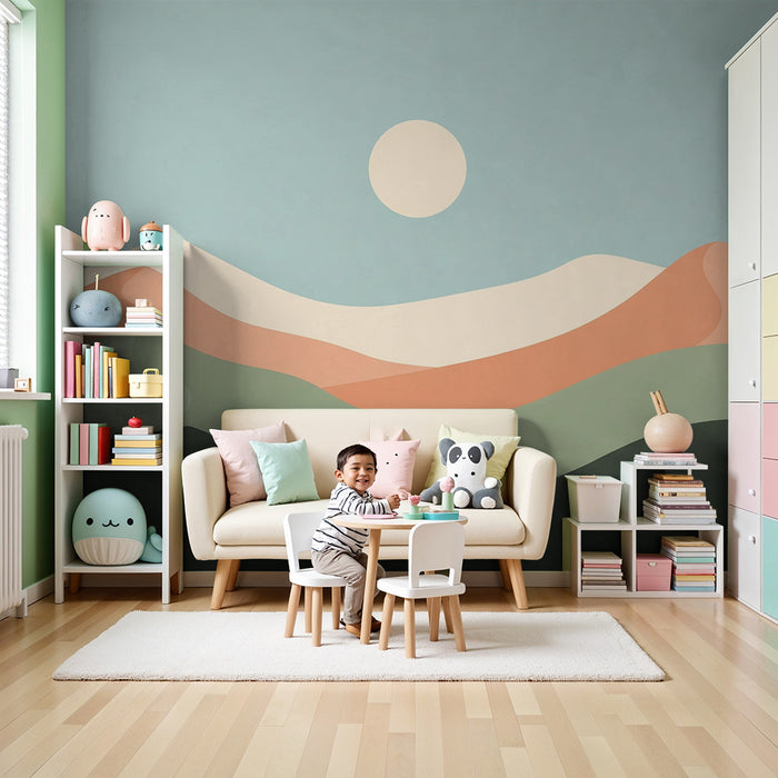 Tapeta dětského pokoje | Abstraktní krajina s mírnými kopcemi a uklidňujícím sluncem