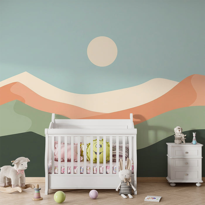 Tapeta dětského pokoje | Abstraktní krajina s mírnými kopcemi a uklidňujícím sluncem