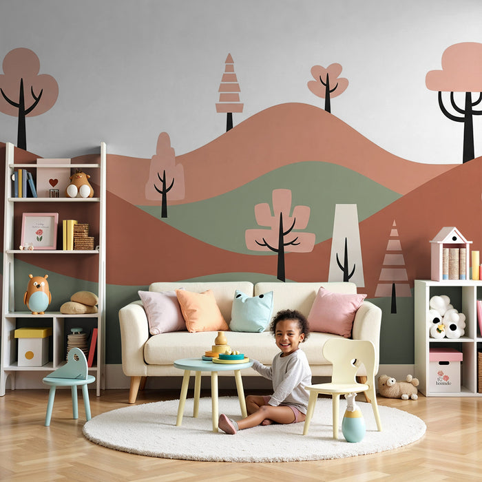 Babyzimmer Tapete | Abstrakte Landschaft mit bunten Hügeln und Bäumen