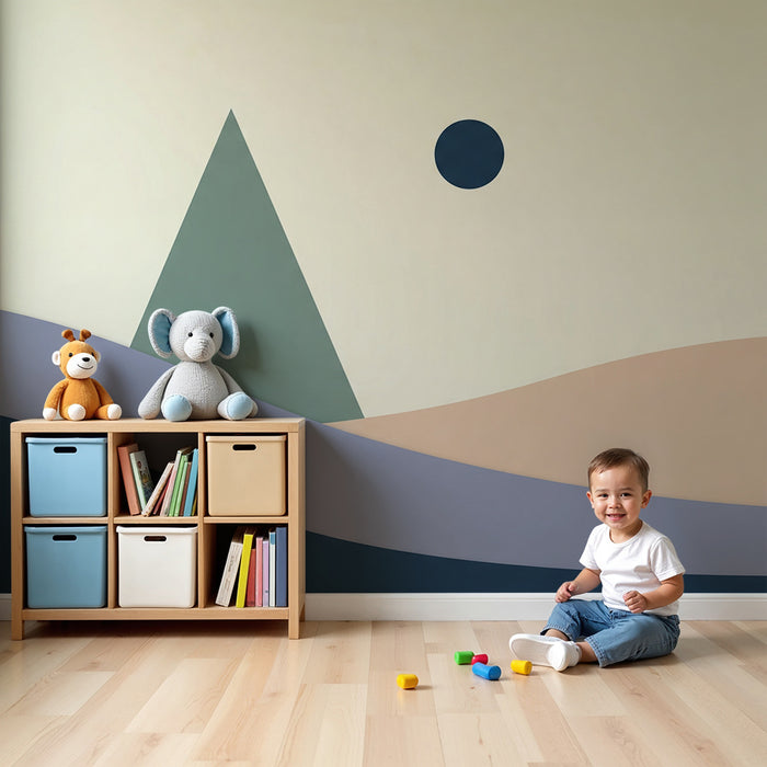 Papel de parede para quarto de bebé | Paisagem abstrata com formas suaves e cores tranquilas