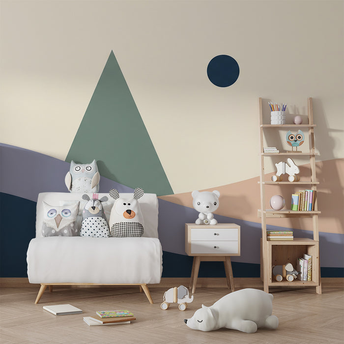 Papel de parede para quarto de bebé | Paisagem abstrata com formas suaves e cores tranquilas