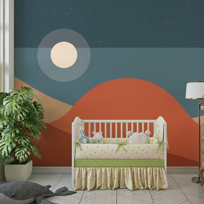 Papel de parede quarto bebê | Abstraktna pokrajina z luno in pisanimi griči