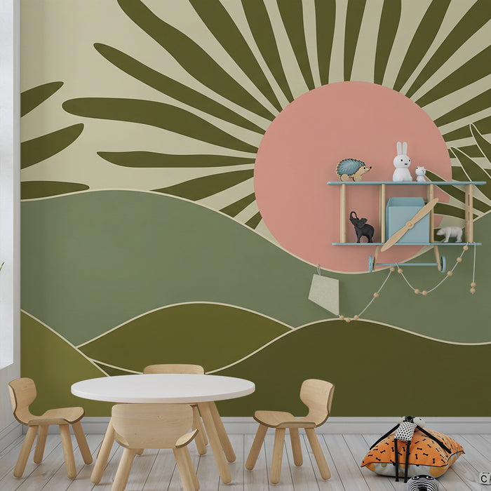 Papel de parede quarto bebê | Abstrato paisagem com sol e ondas suaves