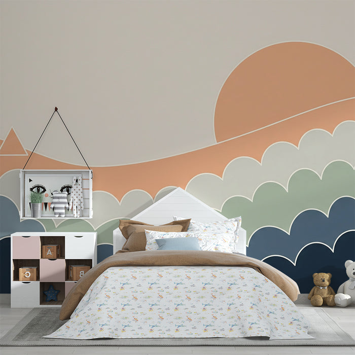 Papel de parede para quarto de bebé | Paisagem abstrata com ondas e sol suave