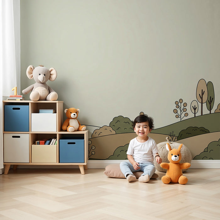 Nursery wallpaper | Soothing landscape with stylized hills and trees