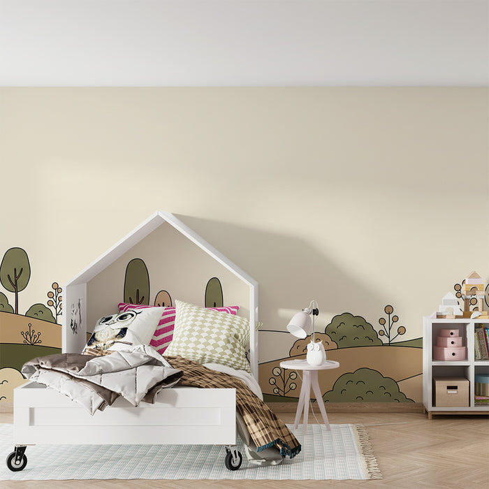 Nursery wallpaper | Soothing landscape with stylized hills and trees