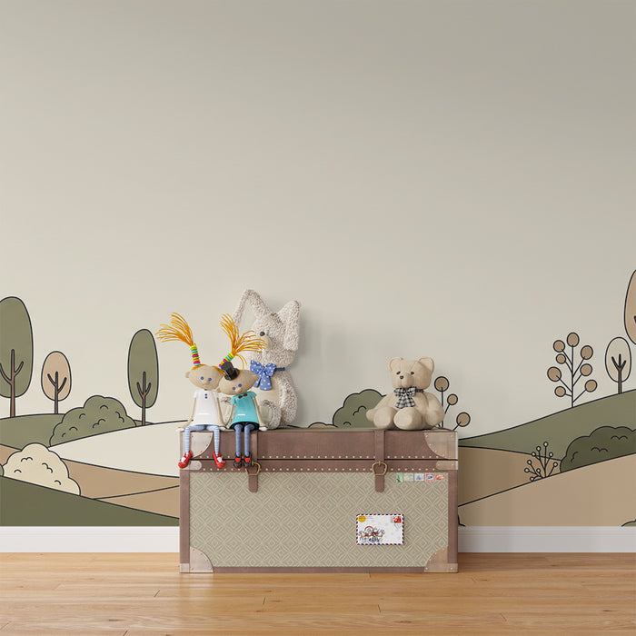 Nursery wallpaper | Soothing landscape with stylized hills and trees