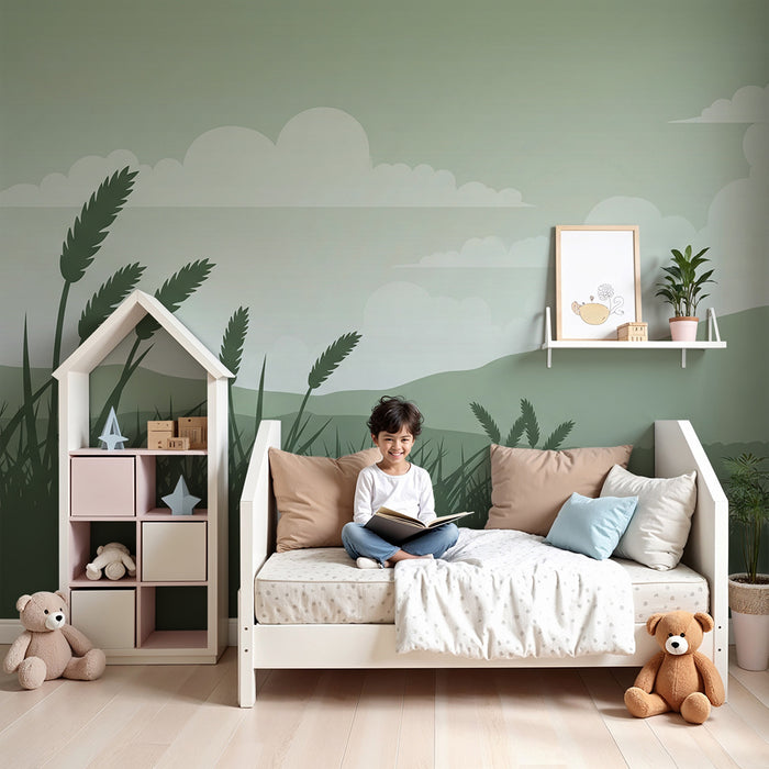 Papel de parede quarto bebê | Ήρεμο τοπίο με λόφους και σύννεφα