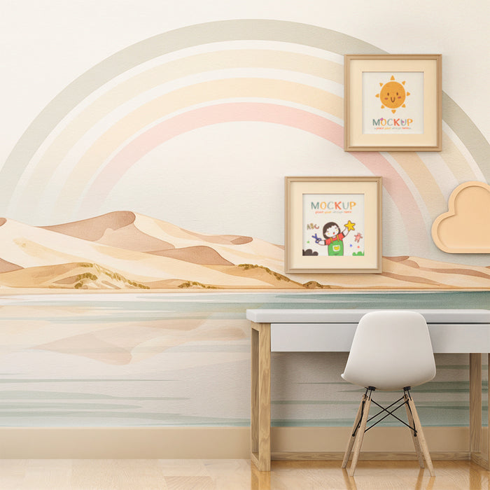 Tapet barnerom | Beroligende landskap med sanddyner og pastellregnbue