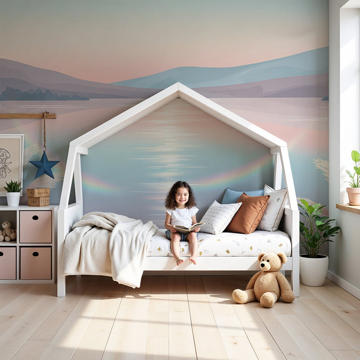 Barntapet | Lugnande landskap med sjö och pastellfärgade berg