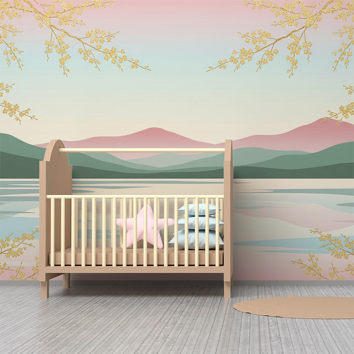 Papel de parede quarto bebê | Paisagem tranquila com montanhas e reflexos