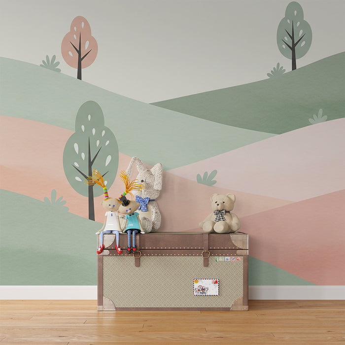 Papel de parede quarto bebê | Пейзаж с хълмове и пастелни дървета