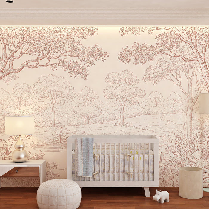 Papel de parede para quarto de bebé | Paisagem bucólica com árvores e flores delicadas