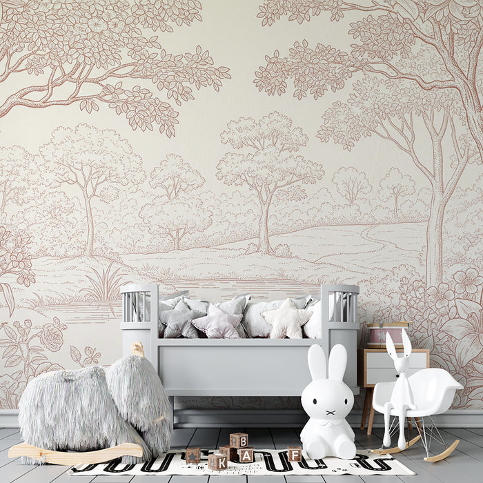 Papel de parede para quarto de bebé | Paisagem bucólica com árvores e flores delicadas