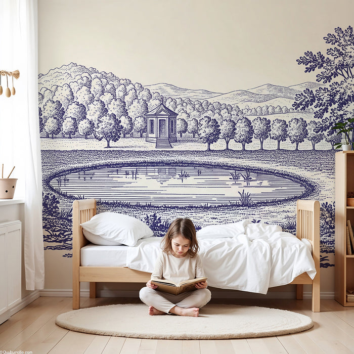 Baby nursery wallpaper | Bucolic landscape with pond and gazebo