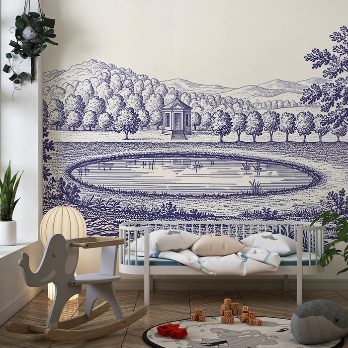 Baby nursery wallpaper | Bucolic landscape with pond and gazebo