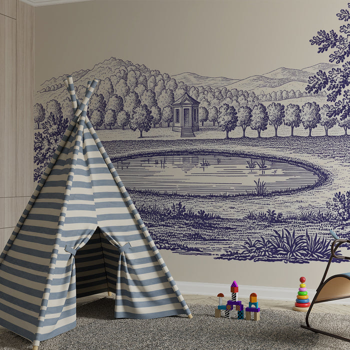 Baby nursery wallpaper | Bucolic landscape with pond and gazebo