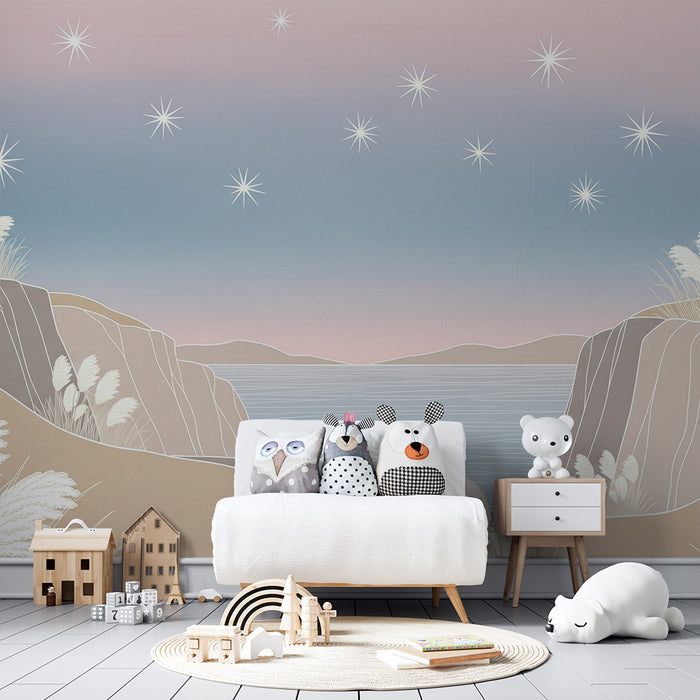 Papel de parede quarto bebê | Успокояващ крайбрежен пейзаж с блестящи звезди