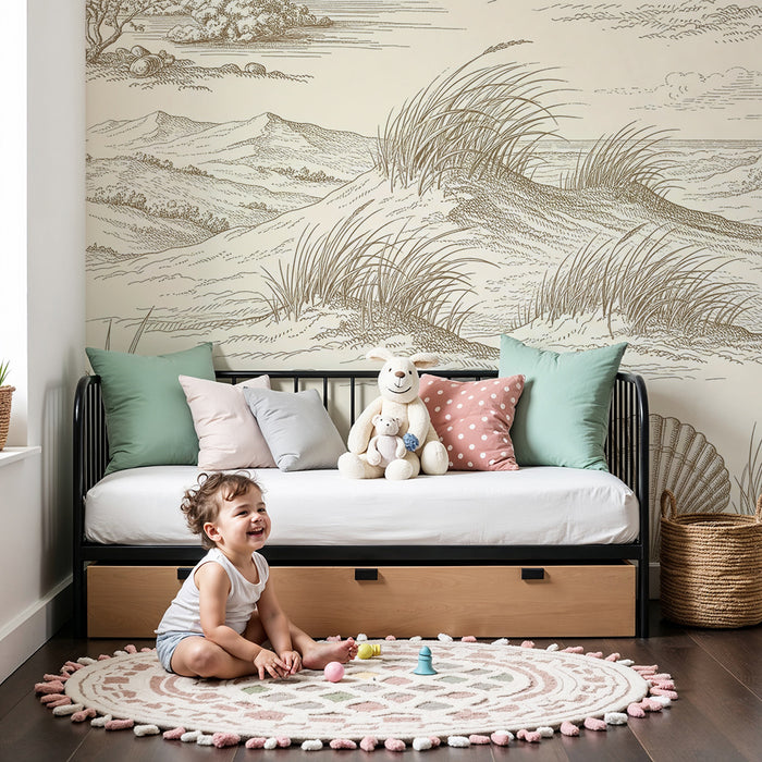 Tapete fürs Babyzimmer | Küstenlandschaft mit Muscheln und Sanddünen