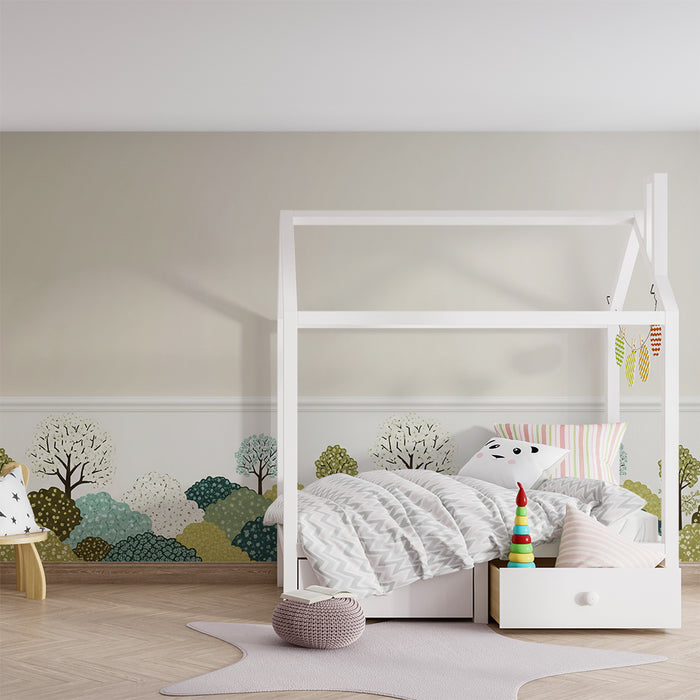 Behang kinderkamer | Groen heuvellandschap met bloeiende bomen