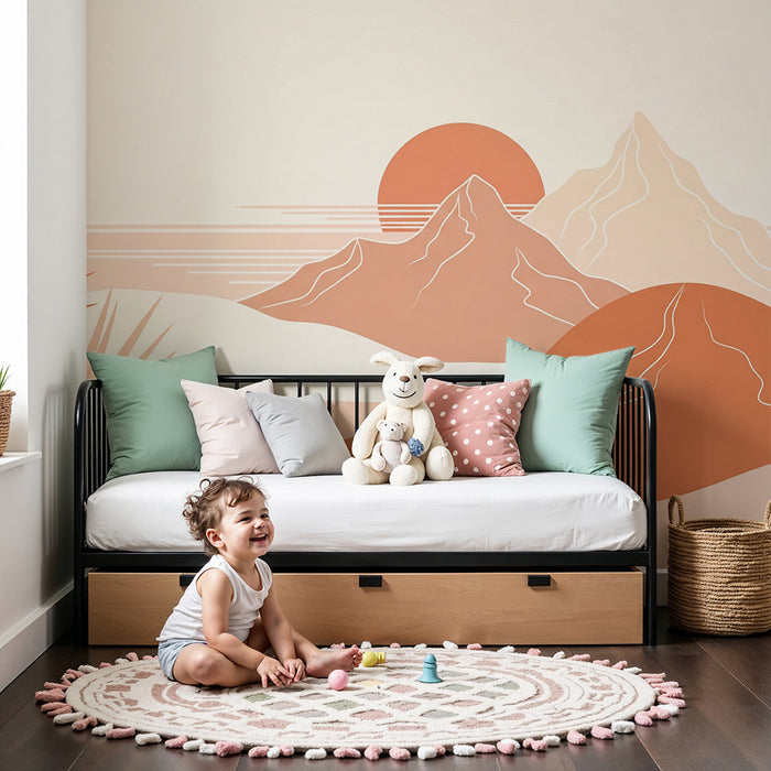 Papel de parede quarto bebê | Puščavska pokrajina z gorami in palmami