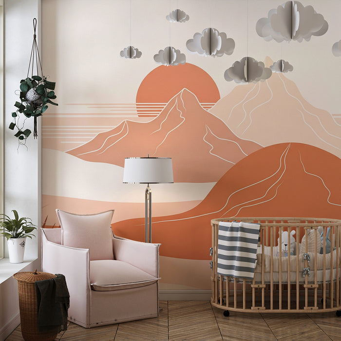 Papel de parede quarto bebê | Puščavska pokrajina z gorami in palmami