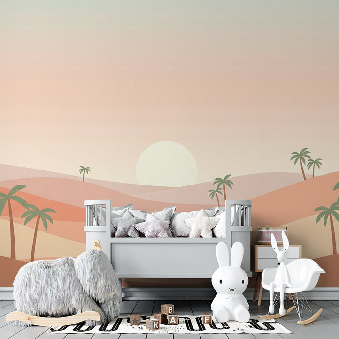 Χαρτί τοίχου βρεφικού δωματίου | Ήπιο ερημικό τοπίο με φοίνικες και ηλιοβασίλεμα