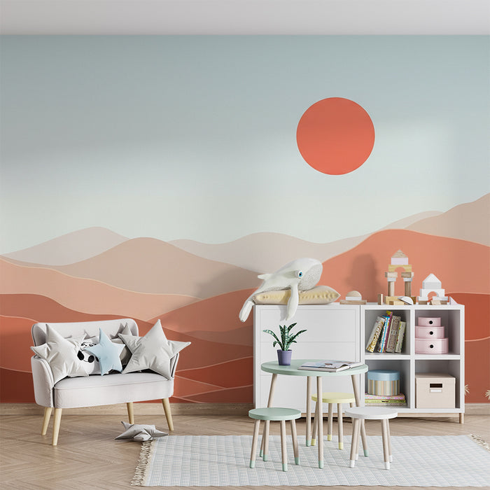 Papel de parede quarto bebê | Paisagem desértica suave com palmeiras e sol poente
