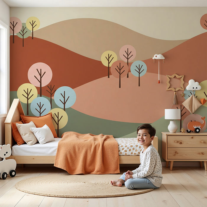 Carta da parati bambini | Paesaggio dolce con alberi colorati e colline rilassanti