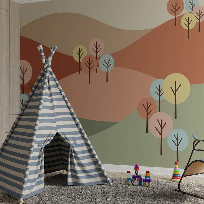 Carta da parati bambini | Paesaggio dolce con alberi colorati e colline rilassanti