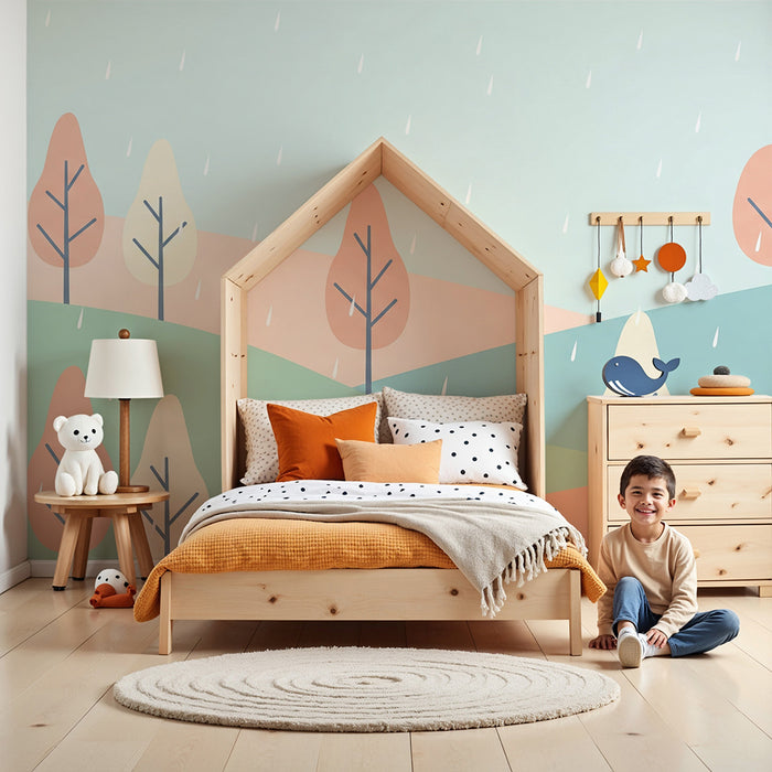 Nursery room wallpaper | Soft landscape with colorful trees and light rain