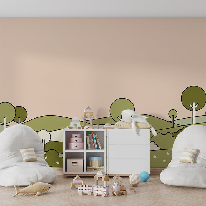 Prenosni ozadja za otroško sobo | Mehka pokrajina z drevesi in hribi v pastelnih barvah