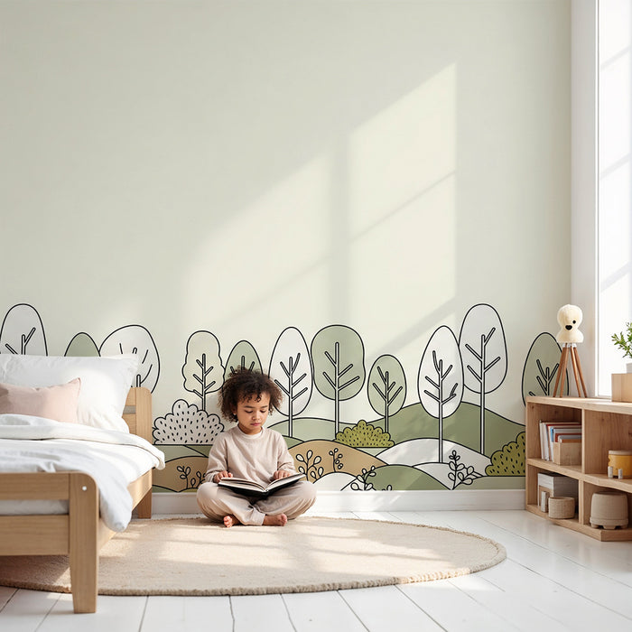 Babyzimmer Tapete | Sanfte Landschaft mit Bäumen und Pastellhügeln