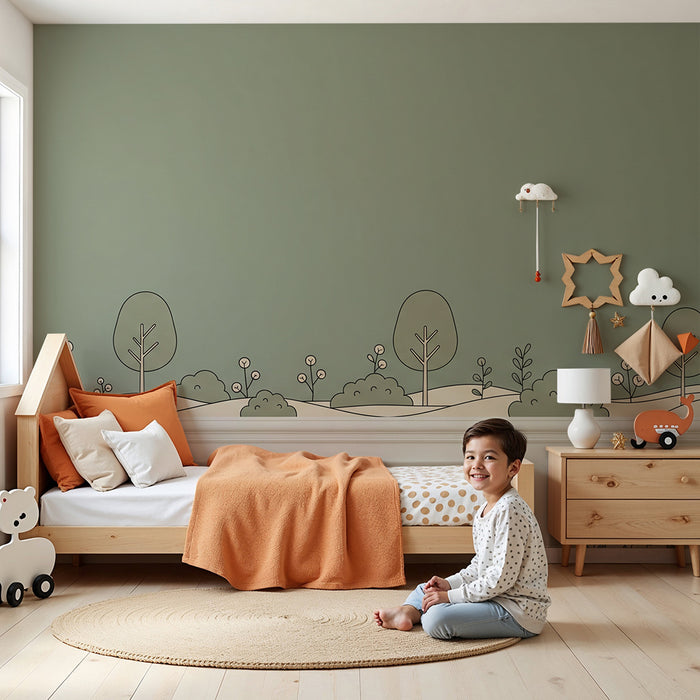 Papier peint chambre bébé | Paysage doux avec arbres et fleurs minimalistes