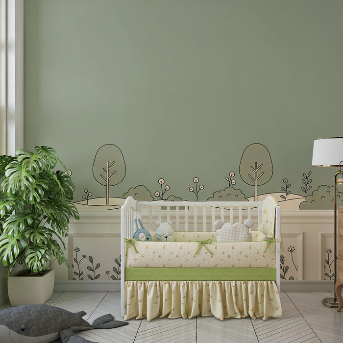Papier peint chambre bébé | Paysage doux avec arbres et fleurs minimalistes