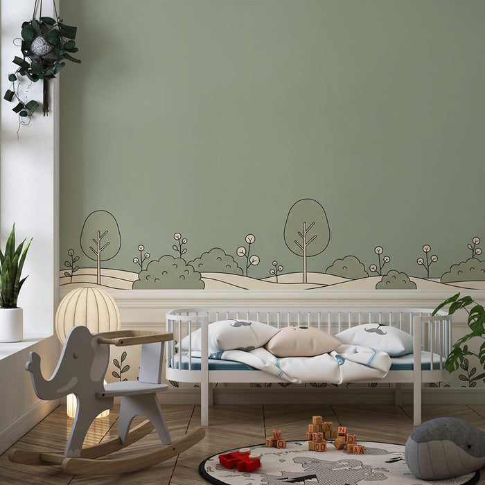Papier peint chambre bébé | Paysage doux avec arbres et fleurs minimalistes