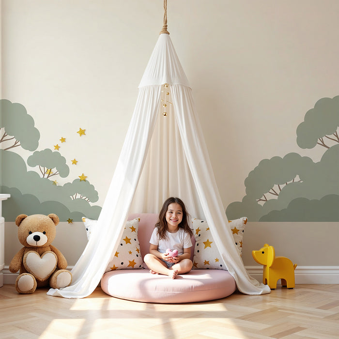 Baby nursery wallpaper | Soft landscape with stylized trees in calming tones