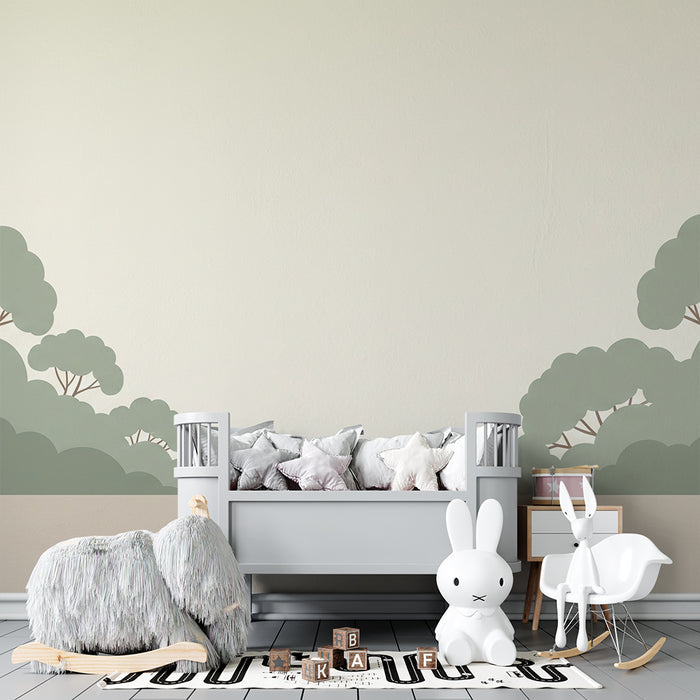 Baby nursery wallpaper | Soft landscape with stylized trees in calming tones