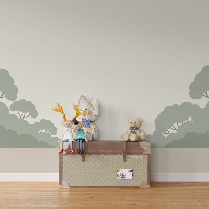 Baby nursery wallpaper | Soft landscape with stylized trees in calming tones