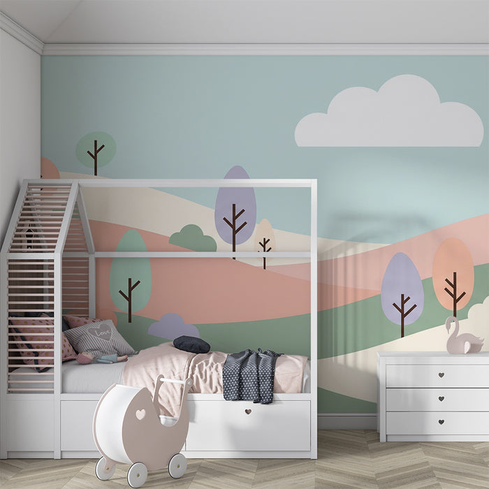 Babykamer behang | Zachte landschap met heuvels en pastelbomen