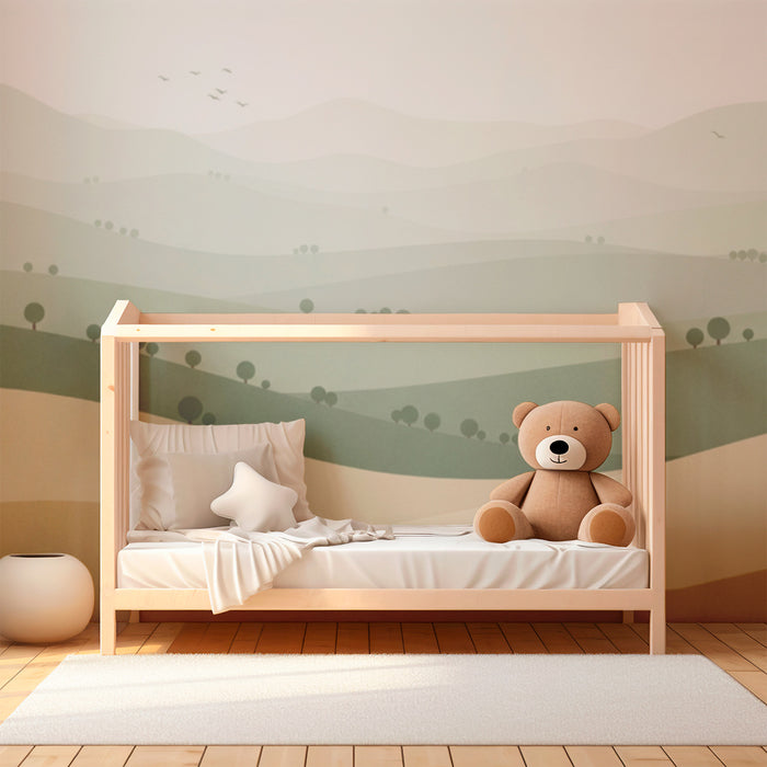 Babykamer behang | Zachte landschap met heuvels en gestileerde bomen